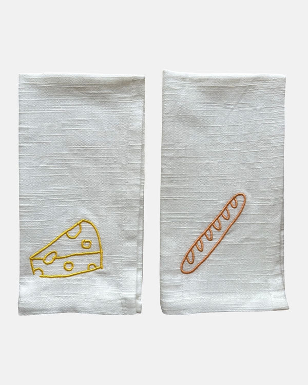 Set van 2 geborduurde servetten 'Baguette & Cheese'