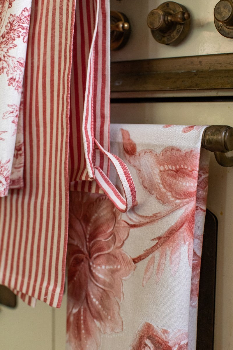 Set van 3 keukendoeken rood en roze, gestreepte en gebloemde doek, detail