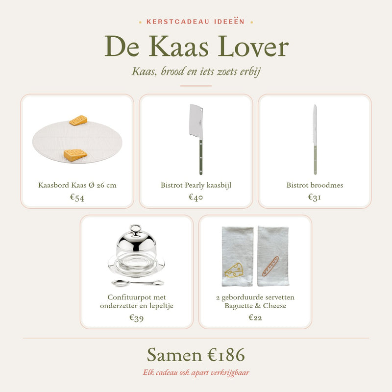 Kerstcadeau idee De Kaas Lover: keramisch kaasbord, kaasbijl, broodmes, confituurpot met lepeltje en twee geborduurde servetten