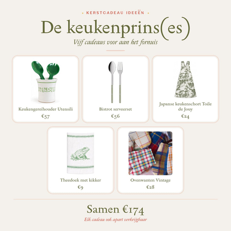 Kerstcadeau idee De keukenprins(es): keukengereihouder, serveerset, Japanse keukenschort Toile de Jouy, theedoek met kikker en ovenwanten