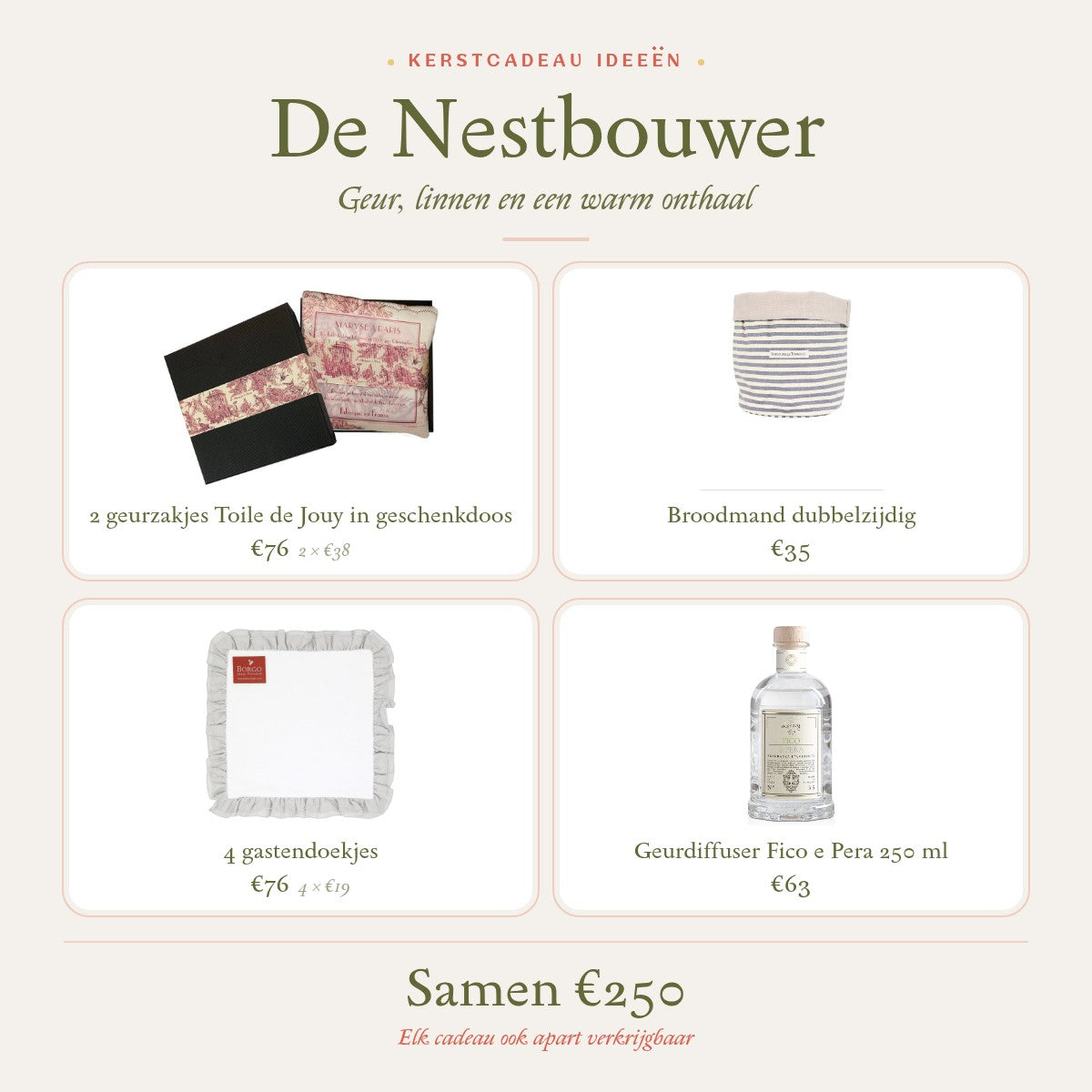 Kerstcadeau idee De Nestbouwer: twee geurzakjes Toile de Jouy, een broodmand, vier gastendoekjes en een geurdiffuser Fico e Pera