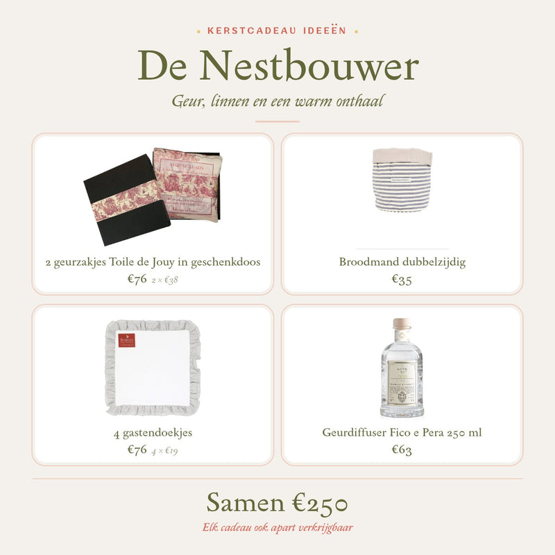 Kerstcadeau idee De Nestbouwer: twee geurzakjes Toile de Jouy, een broodmand, vier gastendoekjes en een geurdiffuser Fico e Pera