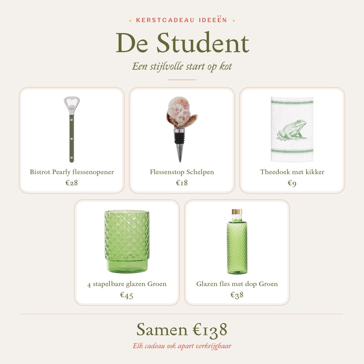 Kerstcadeau idee De Student: flessenopener, flessenstop met schelpen, theedoek, vier stapelbare glazen en een glazen fles in groen