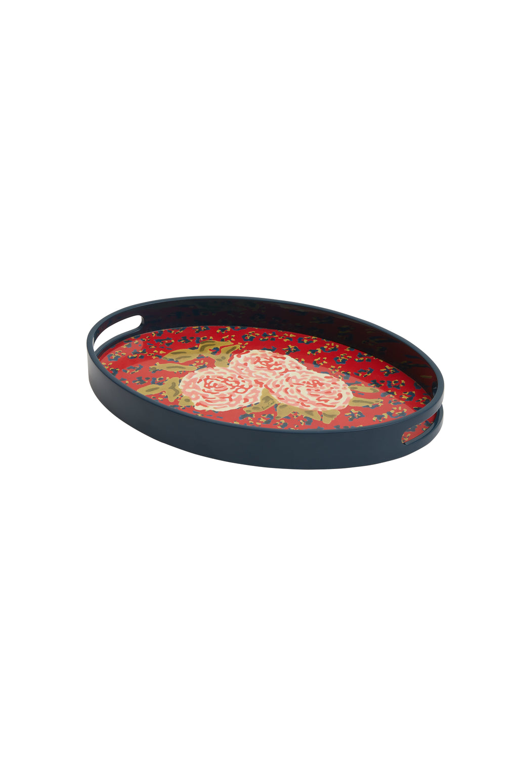 Ovaal dienblad Leopard Flower rood met donkerblauwe rand, zijaanzicht