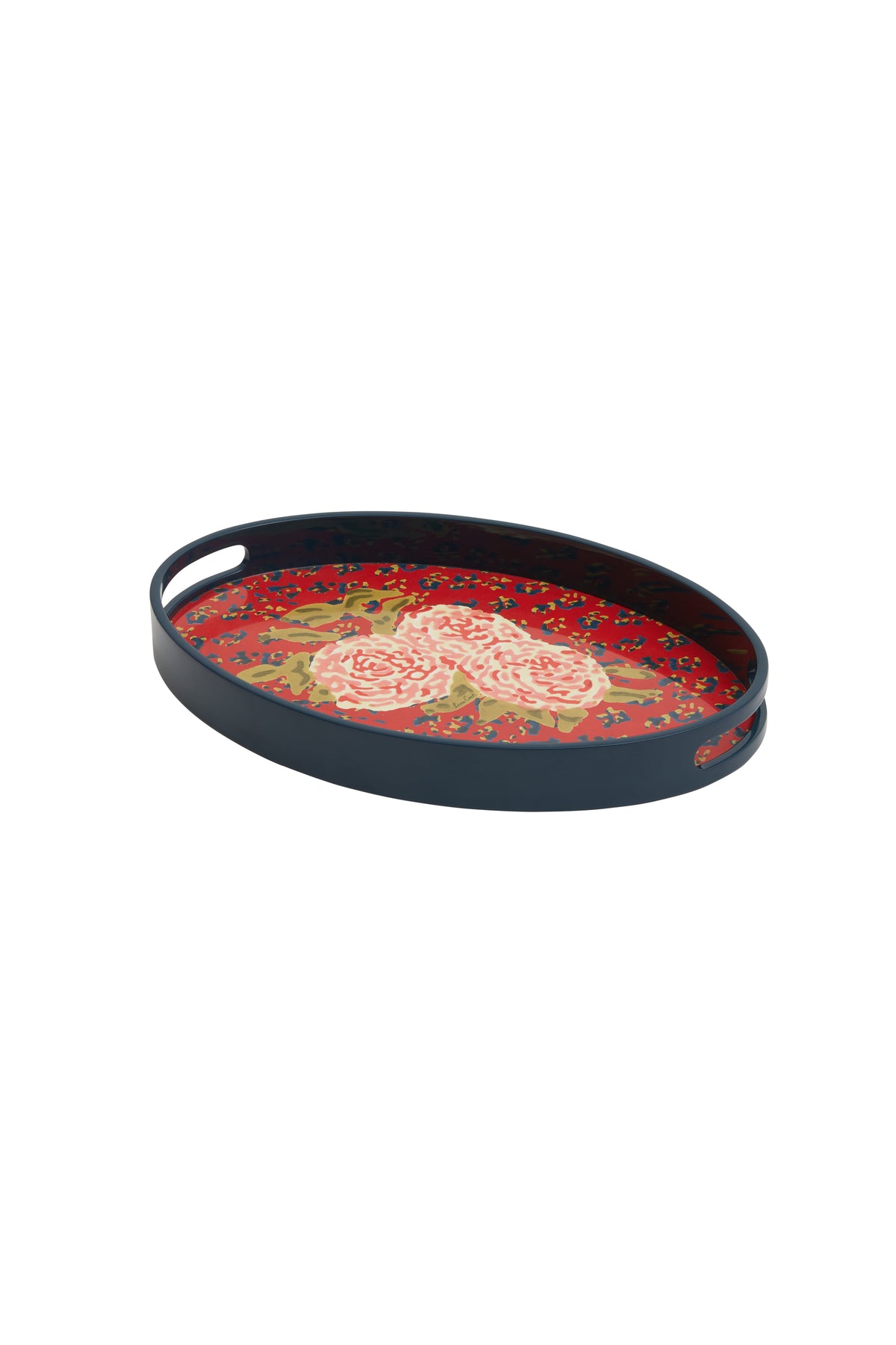 Ovaal dienblad Leopard Flower rood met donkerblauwe rand, zijaanzicht