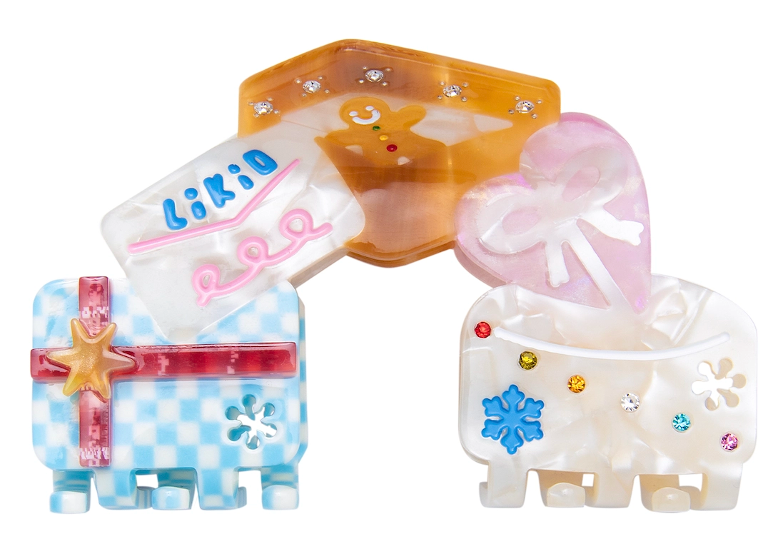Likio haarklemmetjes Happy Gingerbread in de vorm van cadeautjes, vooraanzicht